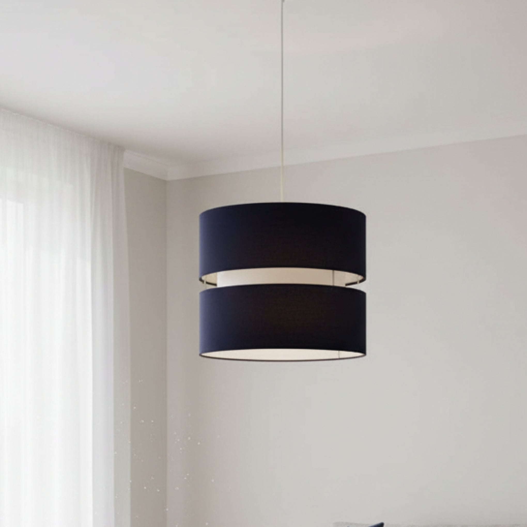 Double Layer Pendant Lampshade, Navy and White, 21.5cm Height x 25.5cm Diameter, Dual ES/BC Fitting (Navy)