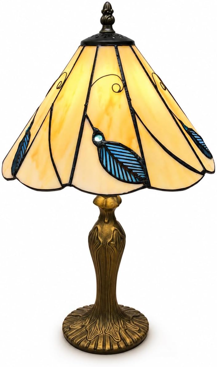 Loxton Lighting Leaf Blue Tiffany Lamp 10inch | 41cm Height, Polyresin Base, Inline Switch, 1.5m Cable Included, British 3 Pin Plug [Energy Class A]