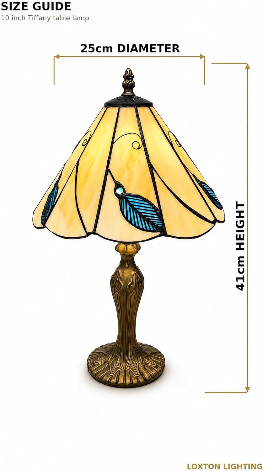 Loxton Lighting Leaf Blue Tiffany Lamp 10inch | 41cm Height, Polyresin Base, Inline Switch, 1.5m Cable Included, British 3 Pin Plug [Energy Class A]