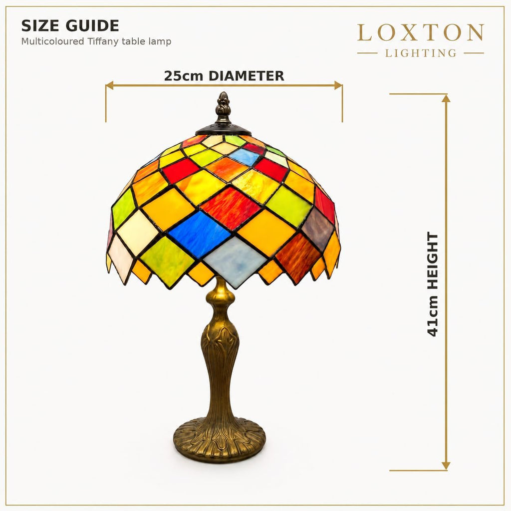 Loxton Lighting Multicolour Patchwork Tiffany Glass Table Lamp | 25cm Diameter Shade, 41cm Height, Antique Brass Finish, Inline Switch, UK 3-Pin Plug