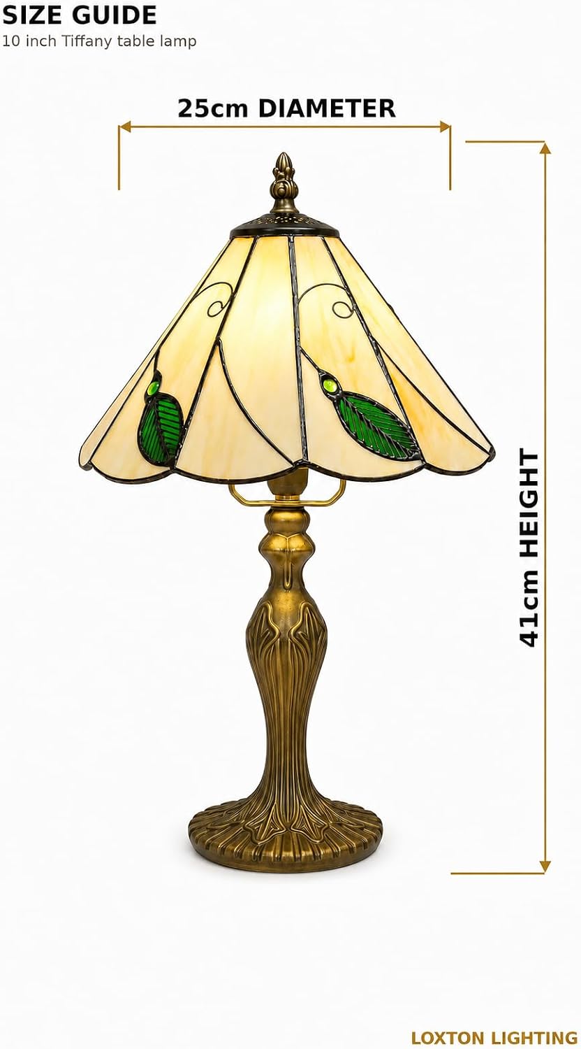 Loxton Lighting Leaf Tiffany Lamp 10inch (Beige - Green) | 41cm Height, Polyresin Base, Inline Switch, 1.5m Cable Included, British 3 Pin Plug [Energy Class A]