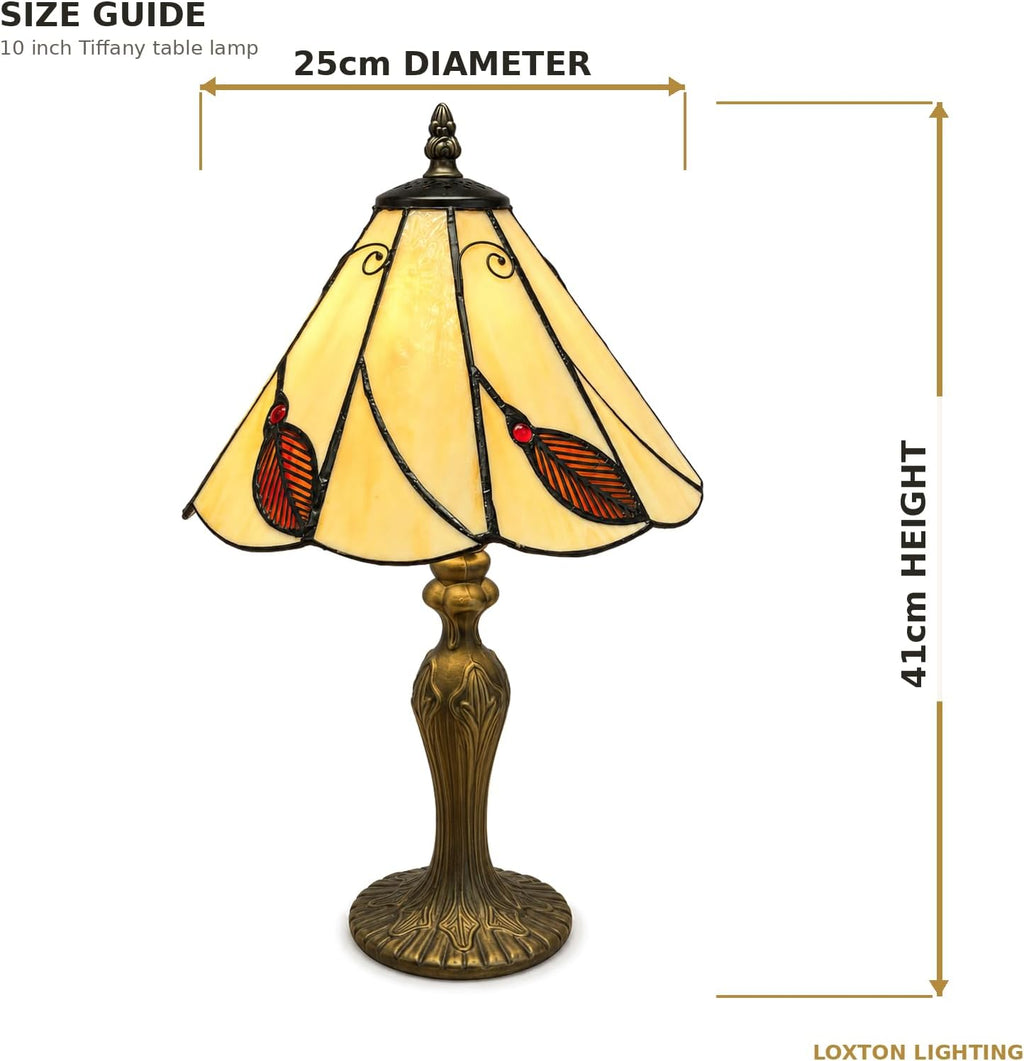 Loxton Lighting Leaf Red Tiffany Lamp 10inch | 41cm Height, Polyresin Base, Inline Switch, 1.5m Cable Included, British 3 Pin Plug [Energy Class A]