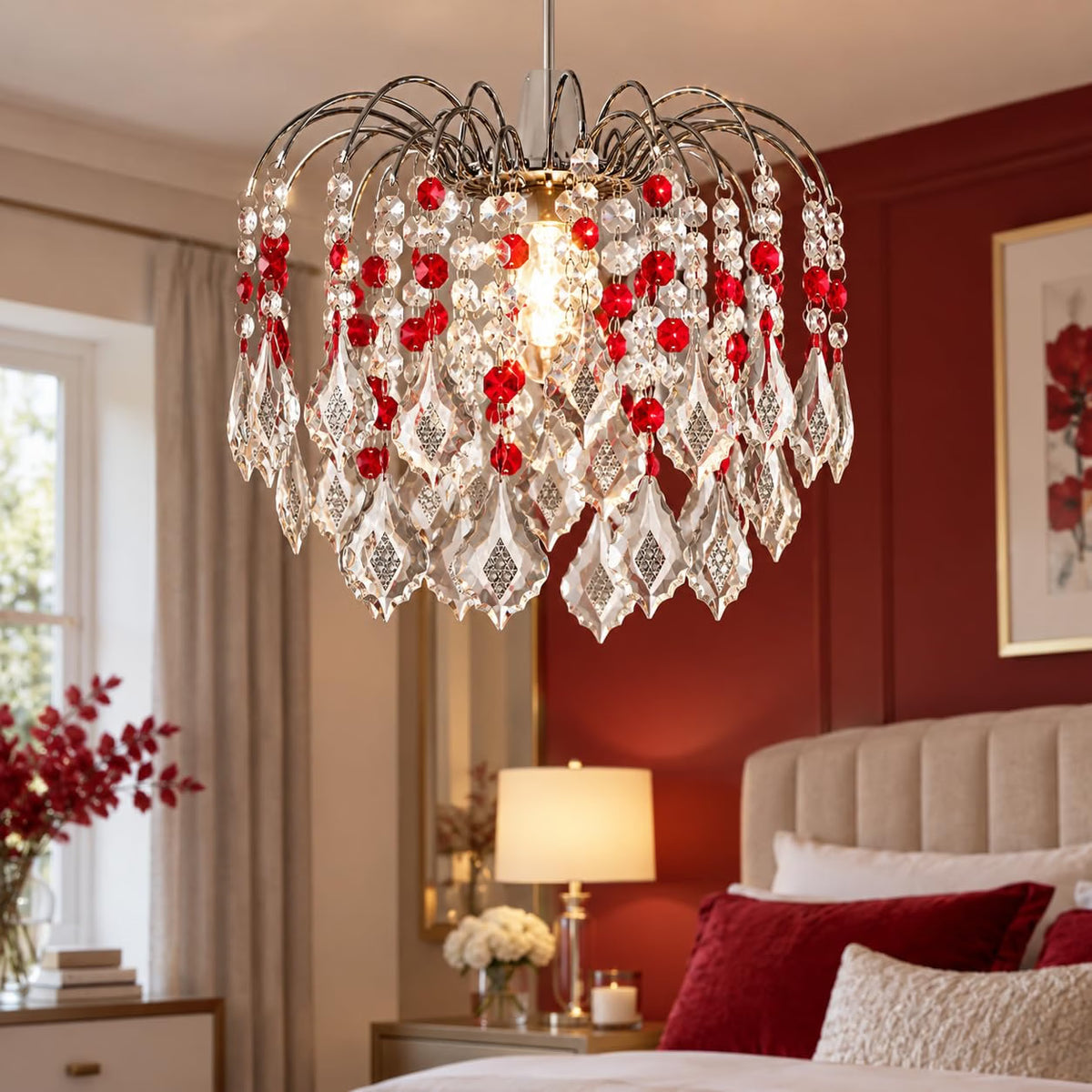 Crystal Acrylic Drop Easy Fit Ceiling Lampshad - Clear & Red Droplets, Chrome Frame