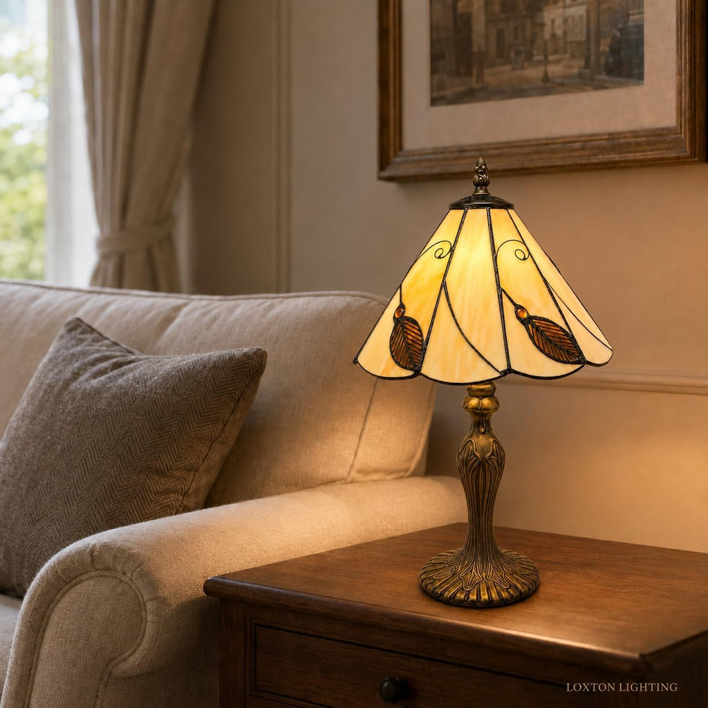Loxton Lighting Leaf Tiffany Lamp 10inch (Beige - Brown) | 41cm Height, Polyresin Base, Inline Switch, 1.5m Cable Included, British 3 Pin Plug [Energy Class A]