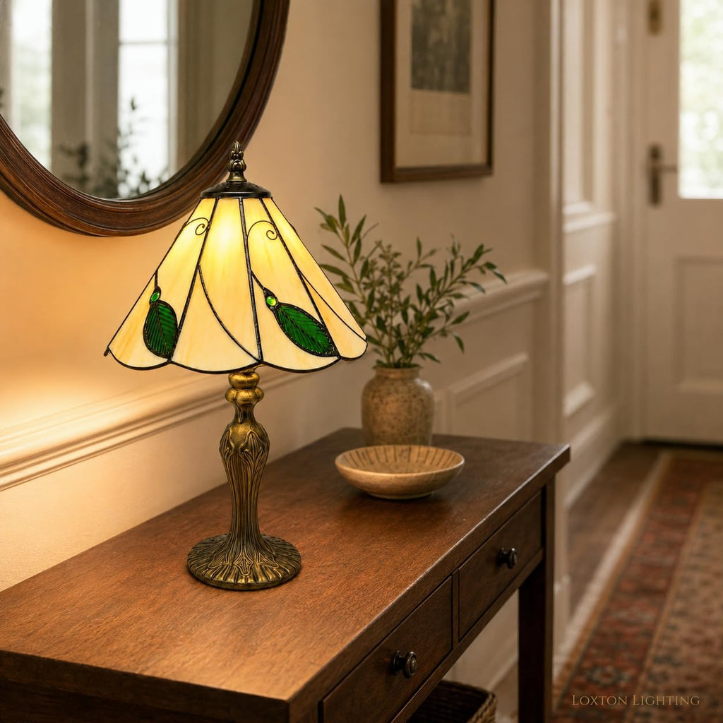 Loxton Lighting Leaf Tiffany Lamp 10inch (Beige - Green) | 41cm Height, Polyresin Base, Inline Switch, 1.5m Cable Included, British 3 Pin Plug [Energy Class A]