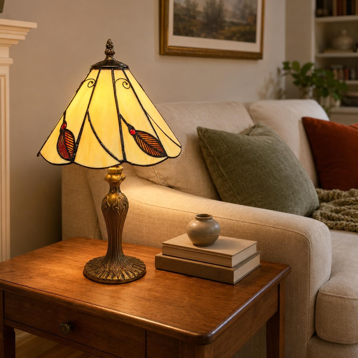 Loxton Lighting Leaf Red Tiffany Lamp 10inch | 41cm Height, Polyresin Base, Inline Switch, 1.5m Cable Included, British 3 Pin Plug [Energy Class A]
