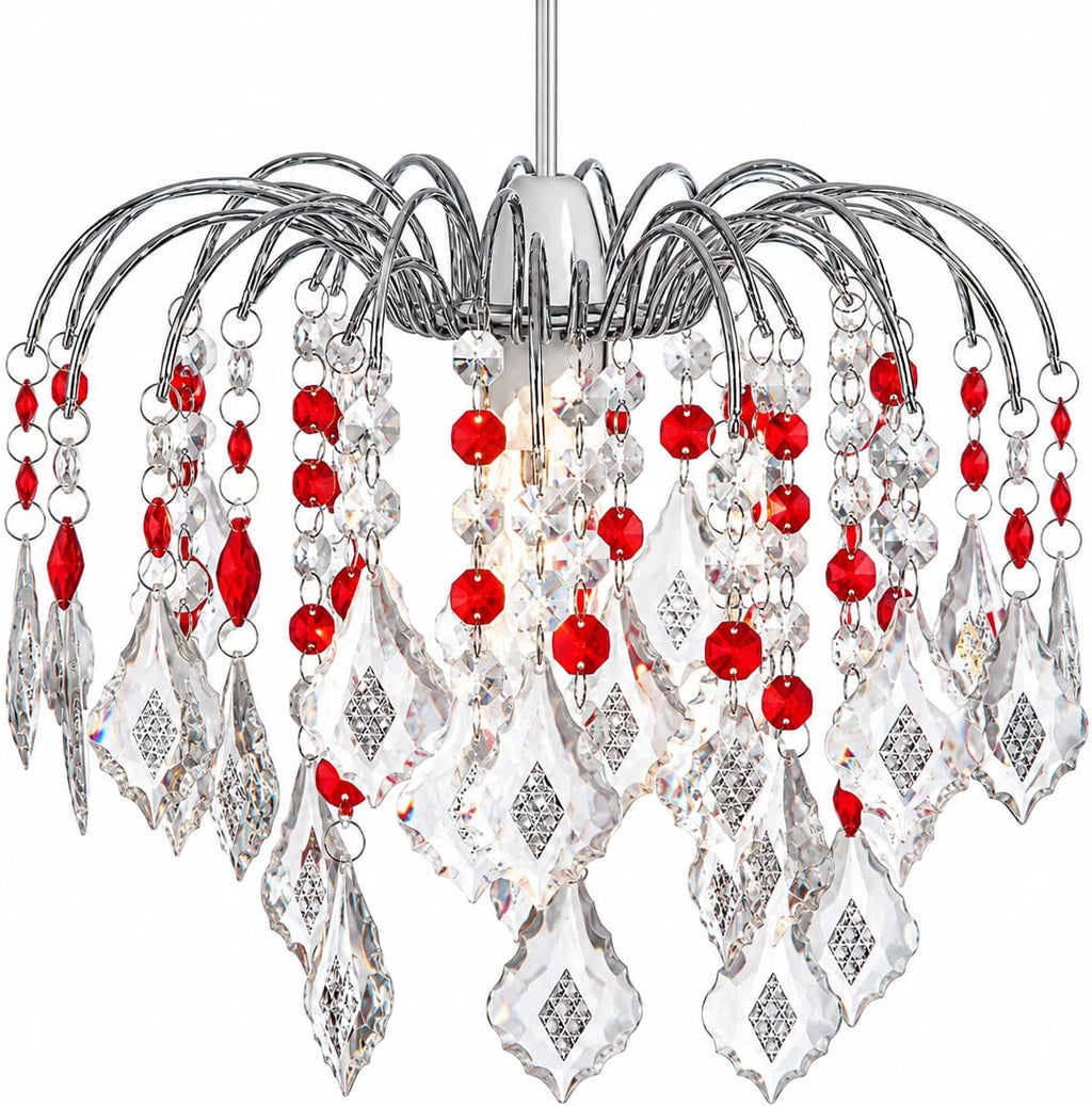 Crystal Acrylic Drop Easy Fit Ceiling Lampshad - Clear & Red Droplets, Chrome Frame