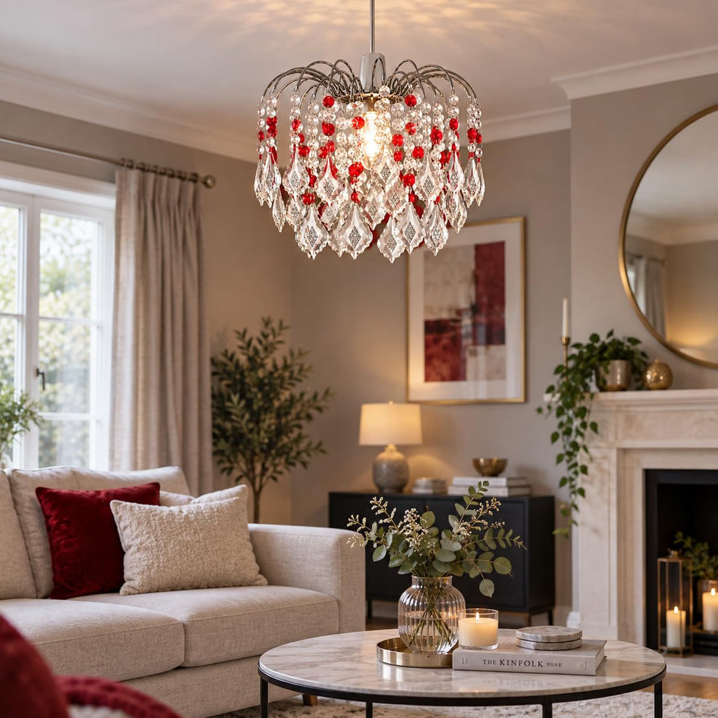 Crystal Acrylic Drop Easy Fit Ceiling Lampshad - Clear & Red Droplets, Chrome Frame