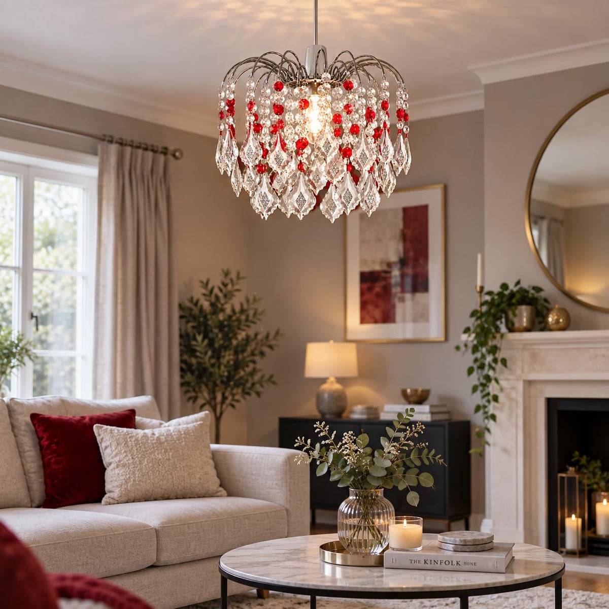 Crystal Acrylic Drop Easy Fit Ceiling Lampshad - Clear & Red Droplets, Chrome Frame
