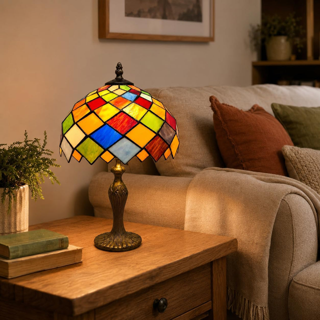 Loxton Lighting Multicolour Patchwork Tiffany Glass Table Lamp | 25cm Diameter Shade, 41cm Height, Antique Brass Finish, Inline Switch, UK 3-Pin Plug