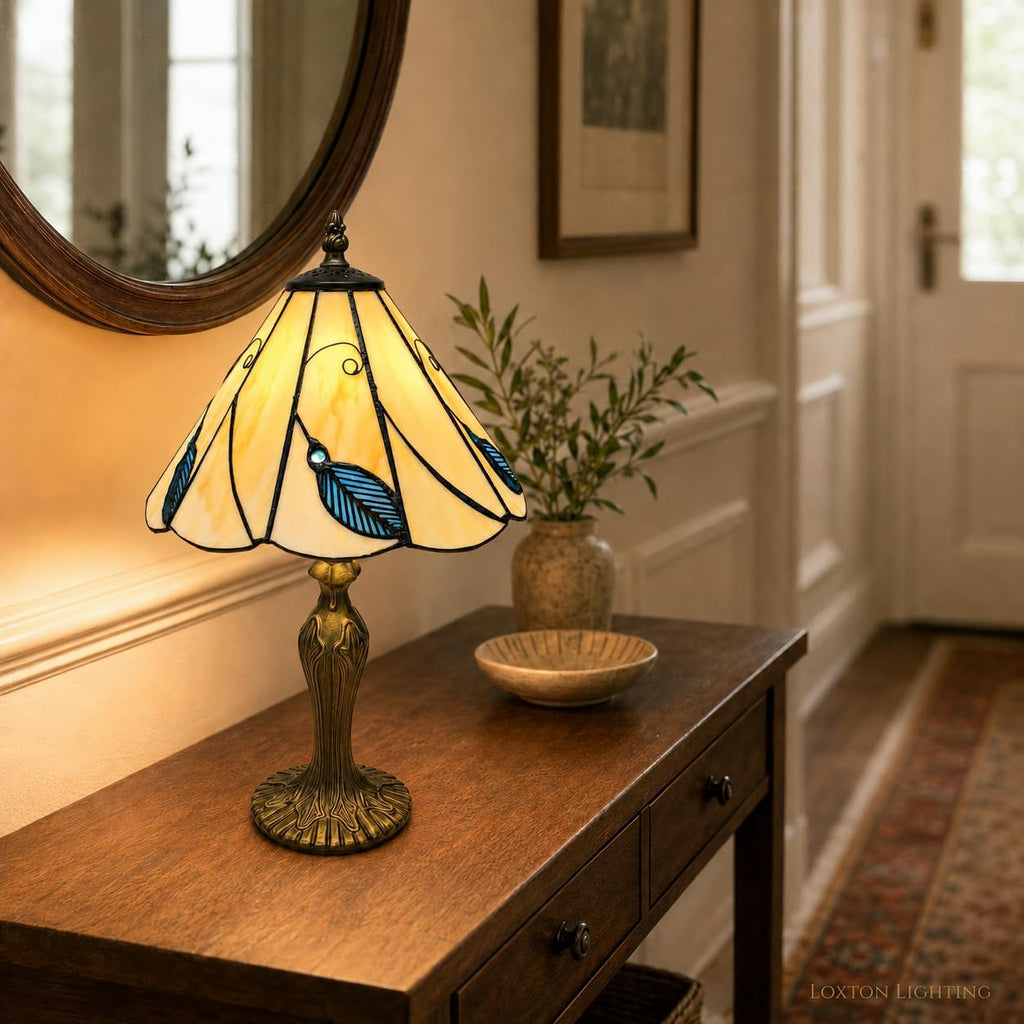 Loxton Lighting Leaf Blue Tiffany Lamp 10inch | 41cm Height, Polyresin Base, Inline Switch, 1.5m Cable Included, British 3 Pin Plug [Energy Class A]