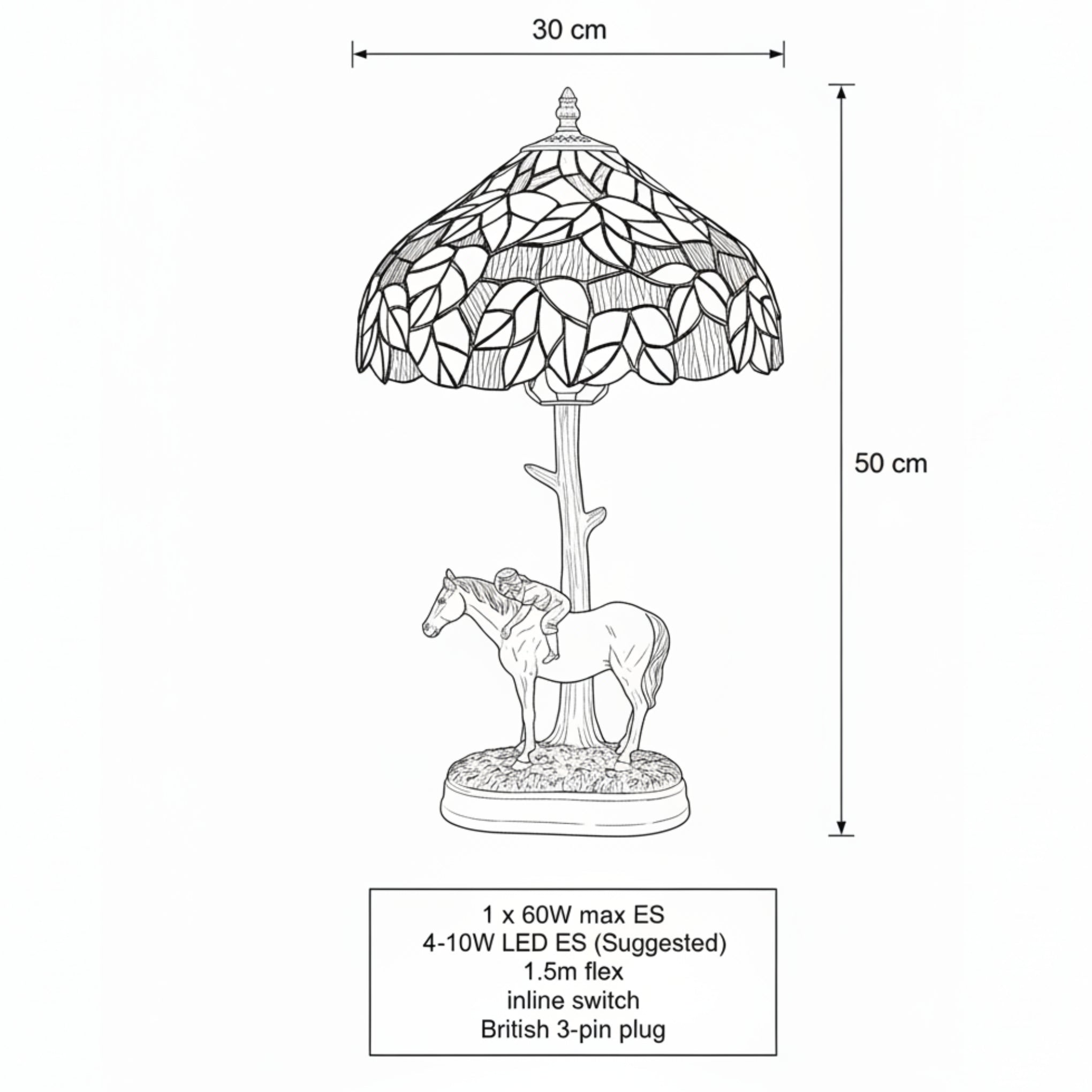 Green Mapleleaf Tiffany Table Lamp with Horse Base, 30cm Diameter Shade, 50cm Height, UK Plug [Energy Class A]