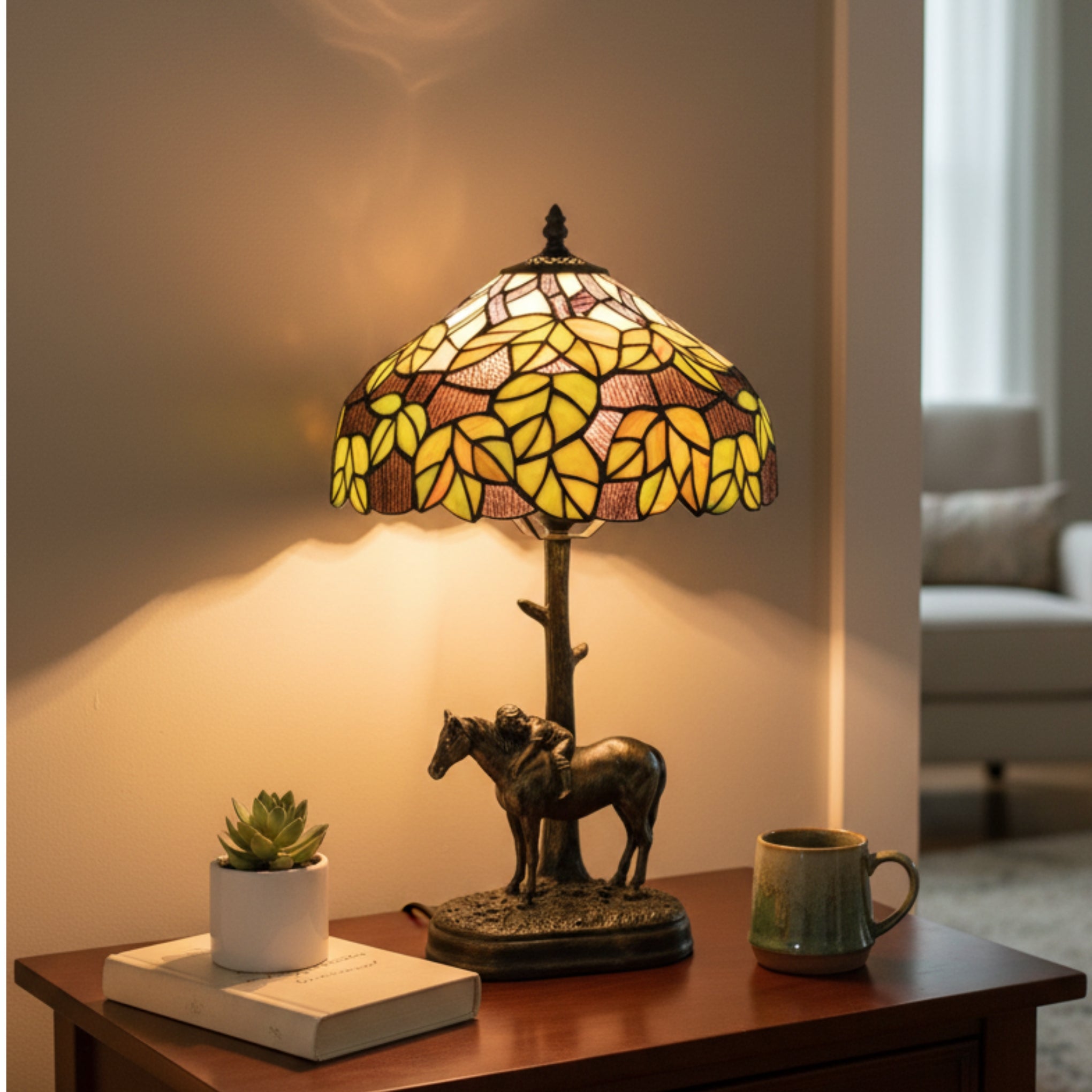 Green Mapleleaf Tiffany Table Lamp with Horse Base, 30cm Diameter Shade, 50cm Height, UK Plug [Energy Class A]