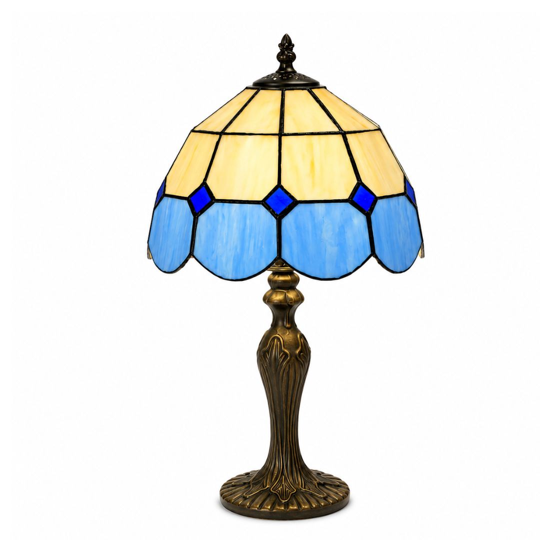 Tiffany Bistro Table Lamp Blue Stained Glass Shade, 41cm | 25cm Diameter Shade, Antique Resin Base, Inline Switch, 1.5m Cable, UK Plug [Energy Class A]