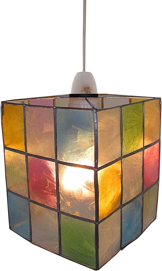 Modern Capiz Shell Cube Pendant Light, Handcrafted Colorful 15cm Hanging Ceiling Lamp, 14cm Wide – Artistic Decor for Bedroom, Living Room, Hallway & Kids Room