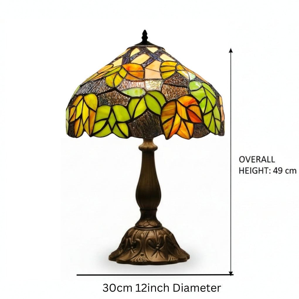 Loxton Lighting Classic Green Mapleleaf Tiffany Stained Glass Table Lamp - 12 inch Diameter - Great for Living Rooms, Hallways, and Bedrooms (CR20-12S+L305M)