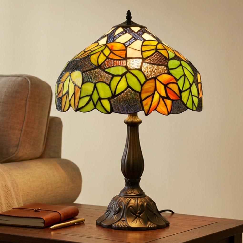 Loxton Lighting Classic Green Mapleleaf Tiffany Stained Glass Table Lamp - 12 inch Diameter - Great for Living Rooms, Hallways, and Bedrooms (CR20-12S+L305M)