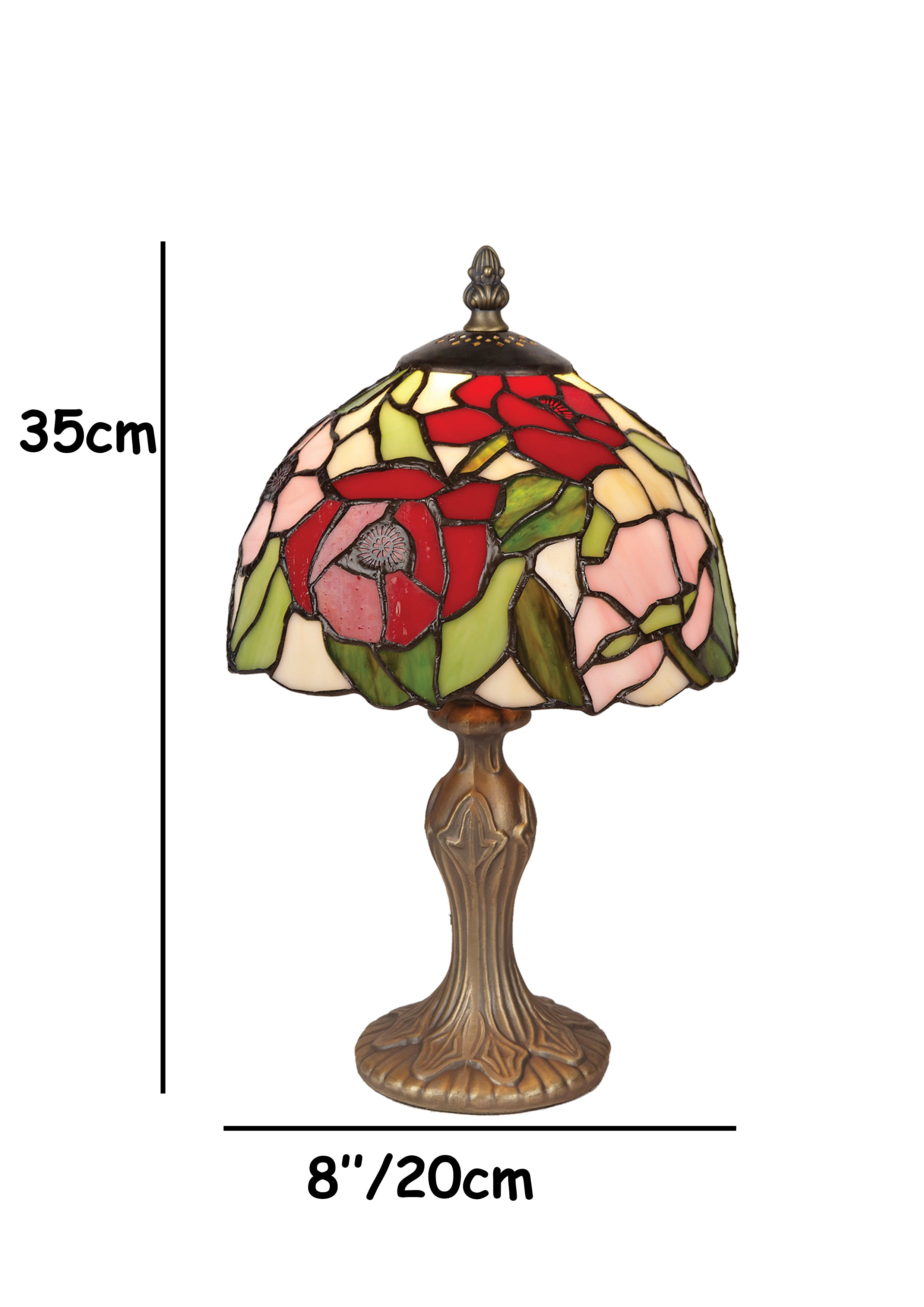Tiffany Style Table Lamp, 8-Inch Poppy Stained Glass Shade, Antique Polyresin Base, in-Line Switch, 1.5m Cable, British Plug – Art Nouveau Accent Light for Living Room, Bedroom, Office