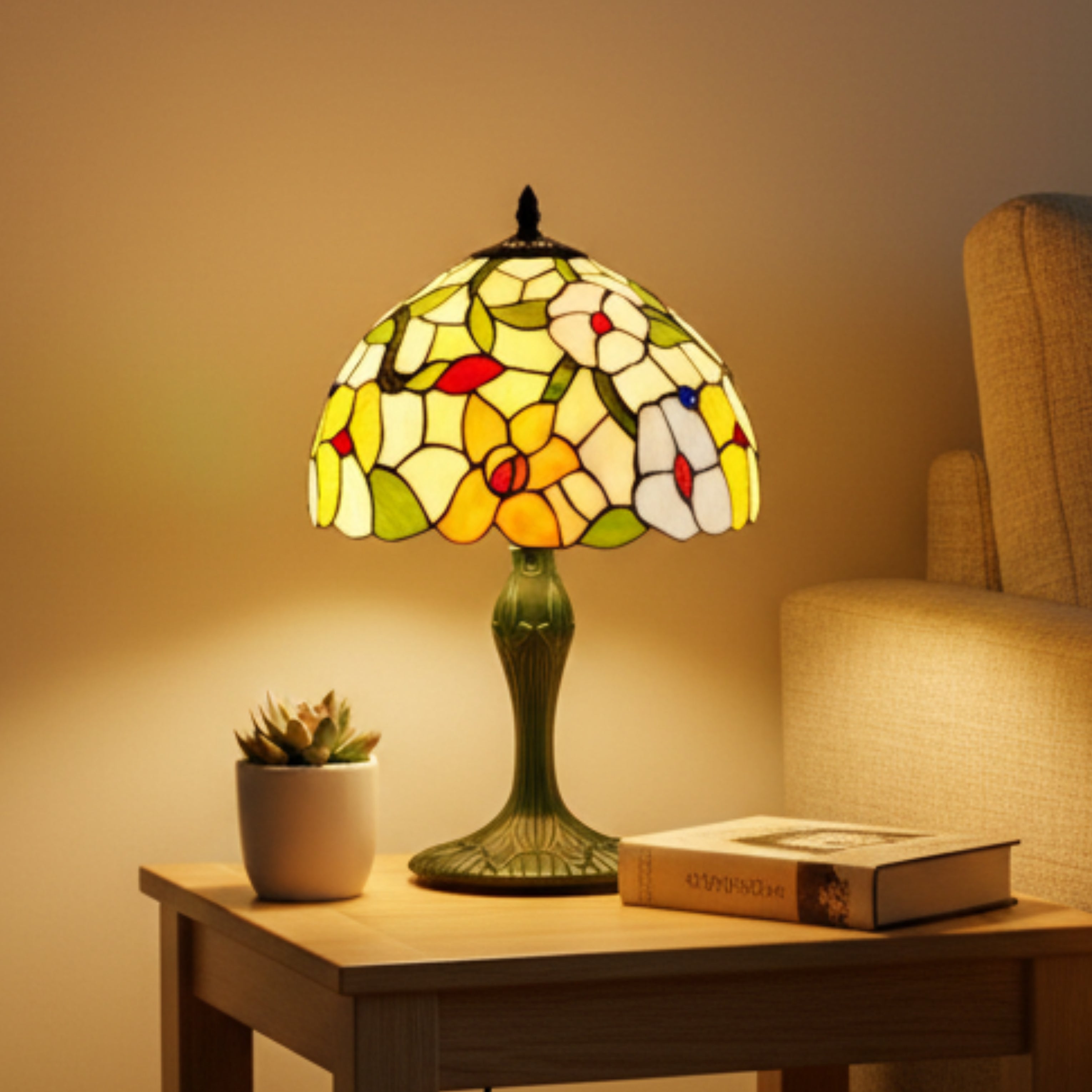 Spring Flower Stained Glass Tiffany Table Lamp for Living Room Bedrooms Hallway Tables - 12 Inch