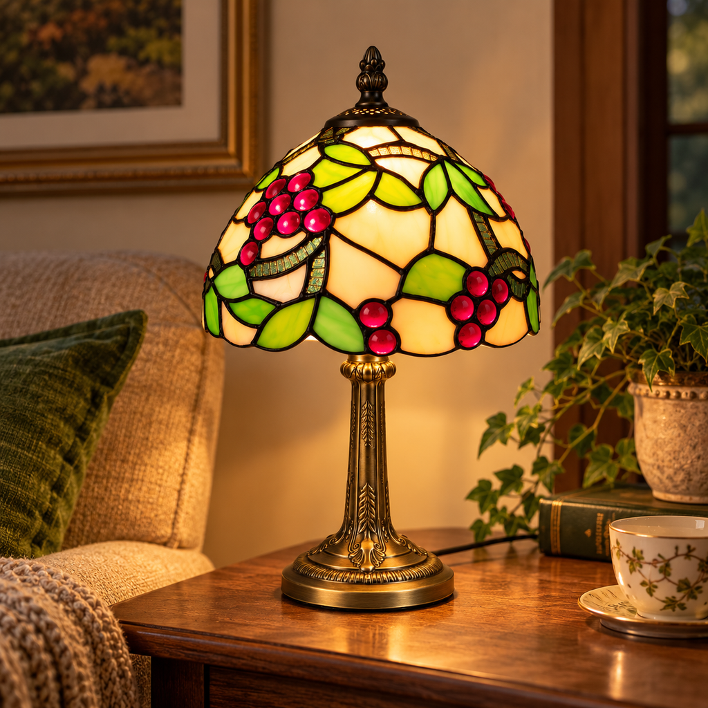 Loxton Lighting GS01 Tiffany Style Stained Glass Table Lamp – Red Grape & Green Leaf Design
