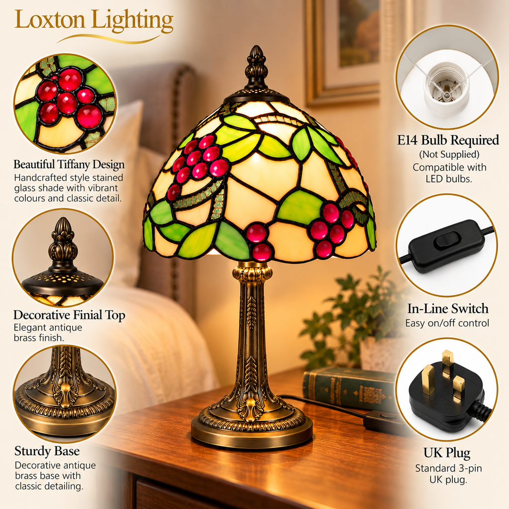 Loxton Lighting GS01 Tiffany Style Stained Glass Table Lamp – Red Grape & Green Leaf Design