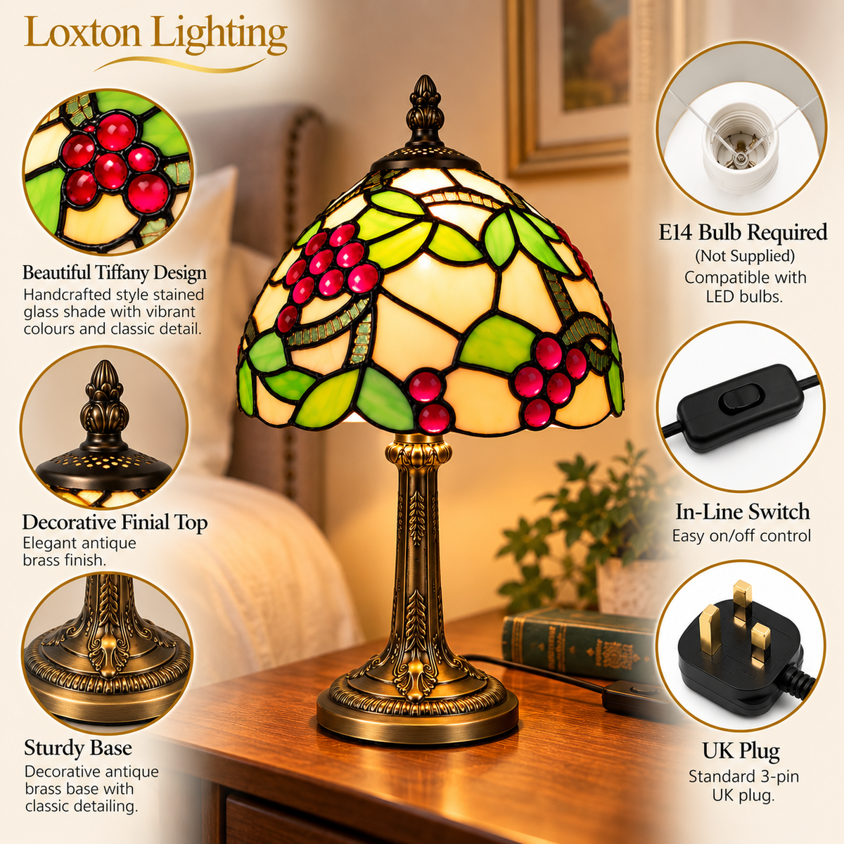 Loxton Lighting GS01 Tiffany Style Stained Glass Table Lamp – Red Grape & Green Leaf Design