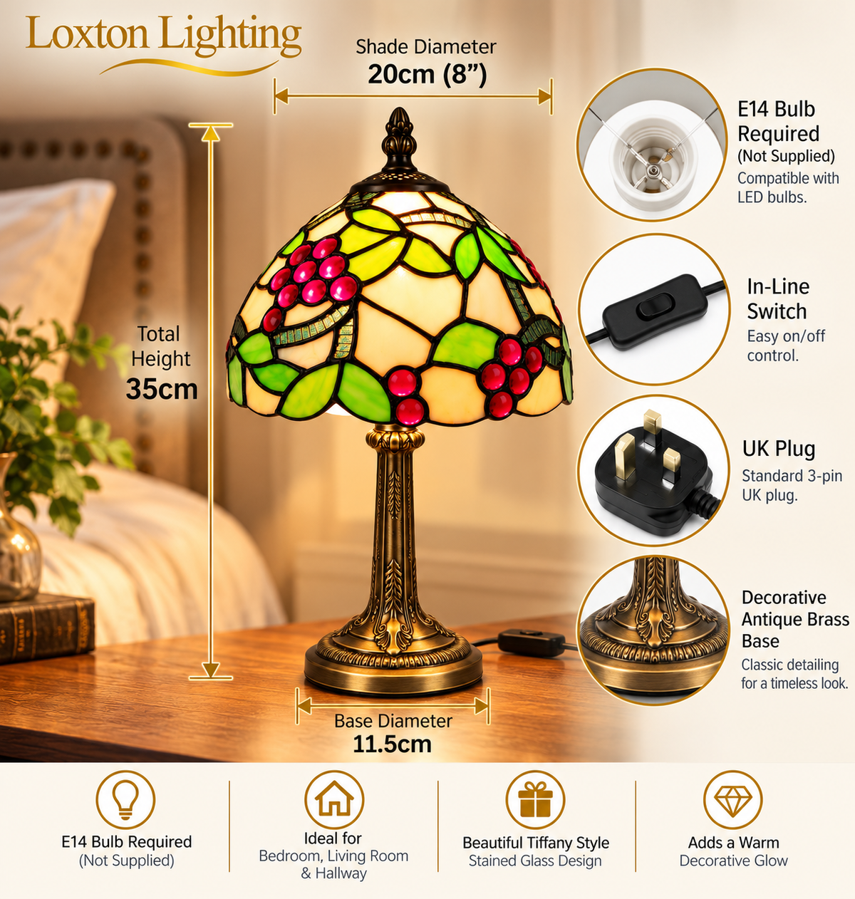 Loxton Lighting GS01 Tiffany Style Stained Glass Table Lamp – Red Grape & Green Leaf Design