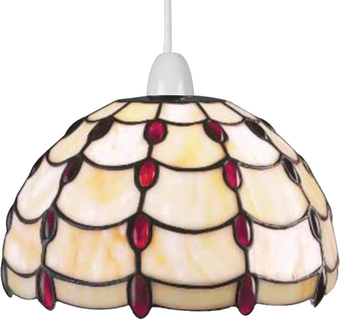 Tiffany Style Pendant Light, Stained Glass Jewel Dome Lampshade, Easy Fit Ceiling Fixture, Beige Jewel