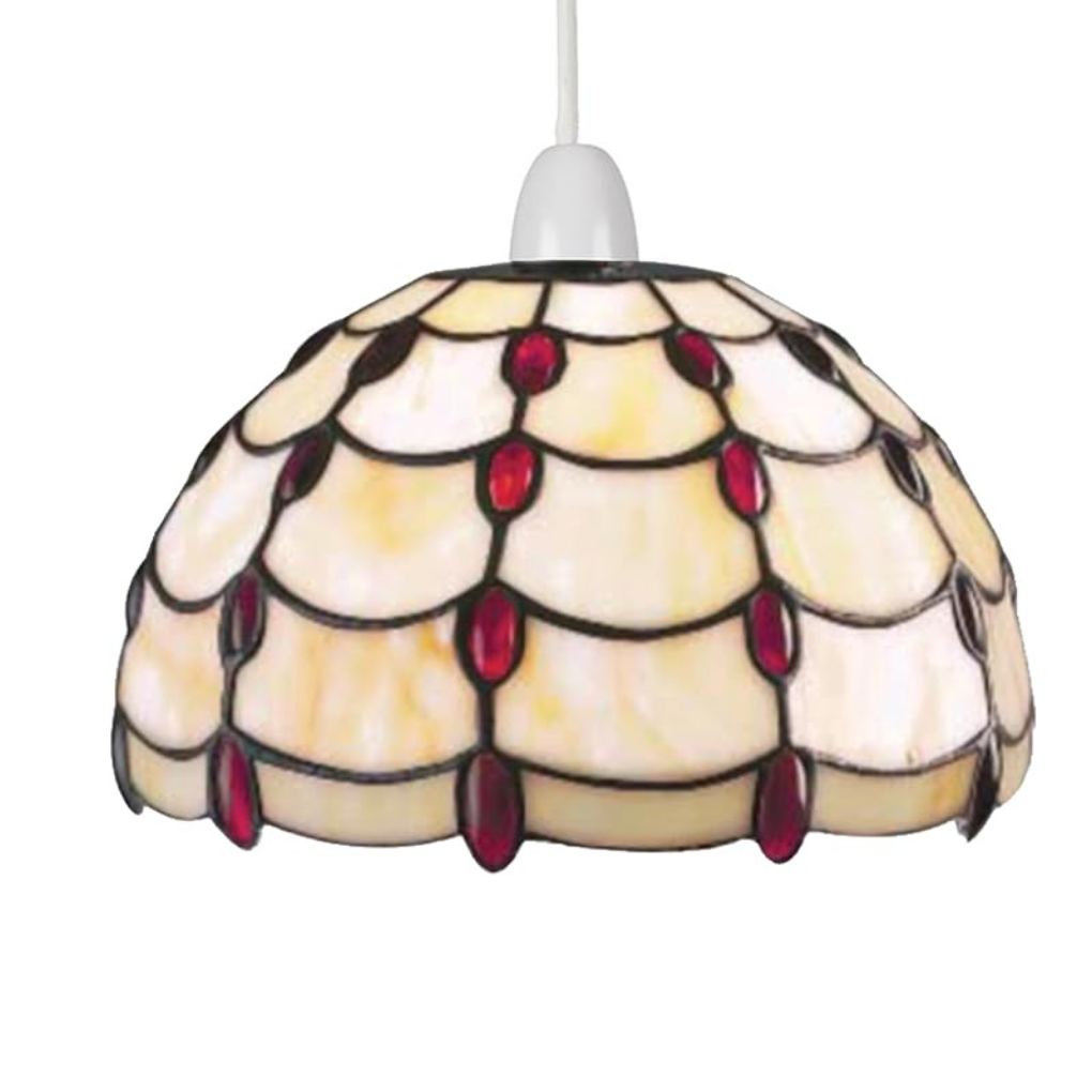 Tiffany Style Pendant Light, Stained Glass Jewel Dome Lampshade, Easy Fit Ceiling Fixture, Beige Jewel