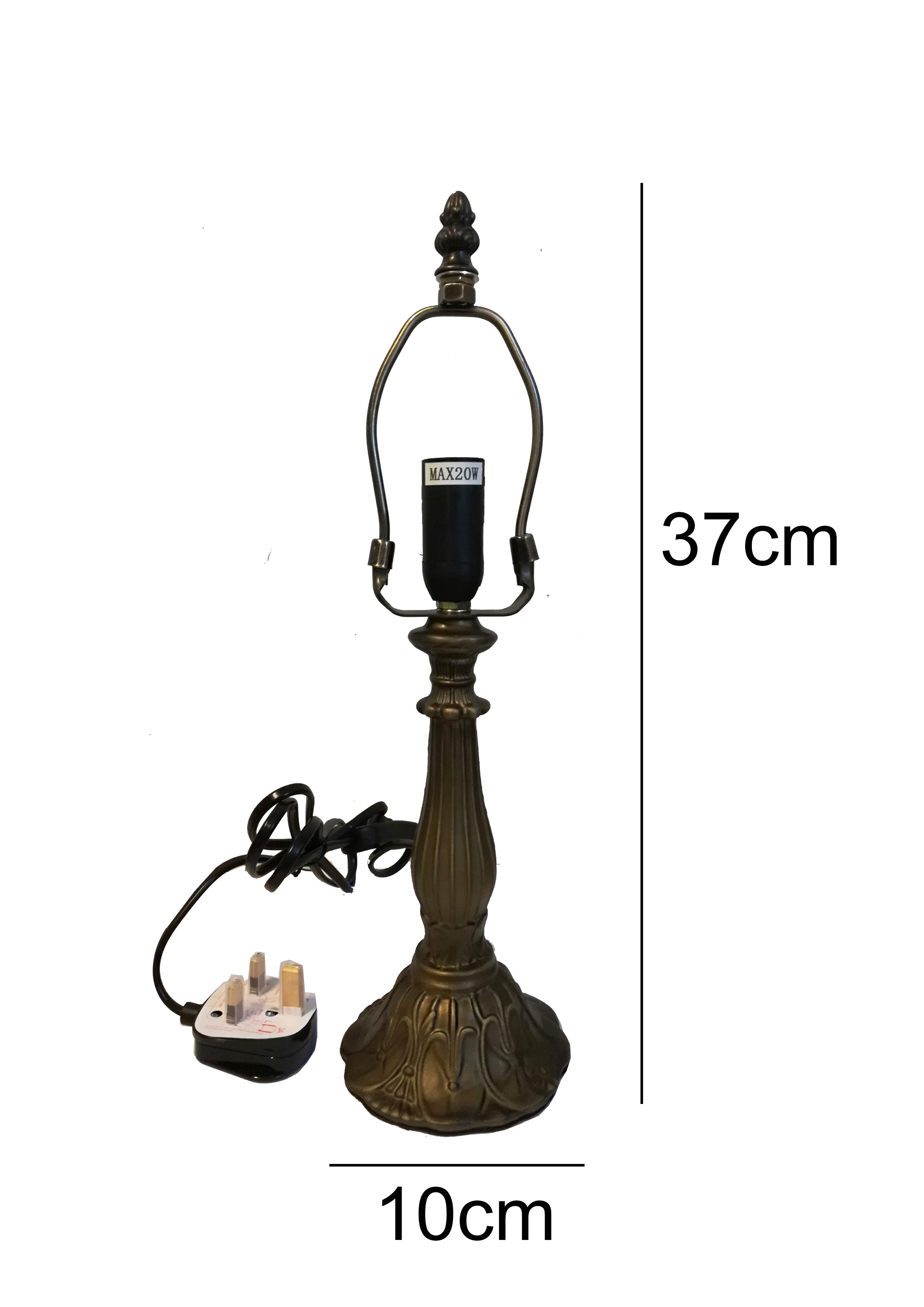 Table Lamp Base and Harp with UK Plug, Antique Brass Finish, Height 35cm, 20cm Dia Tiffany Shade Compatible, (L305S)