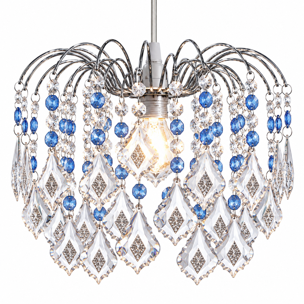 Crystal Effect Pendant Shade Blue 29cm Polished Chrome Finish, Acrylic Droplets, Dual Shade Ring, 25cm Height, Easyfit Design