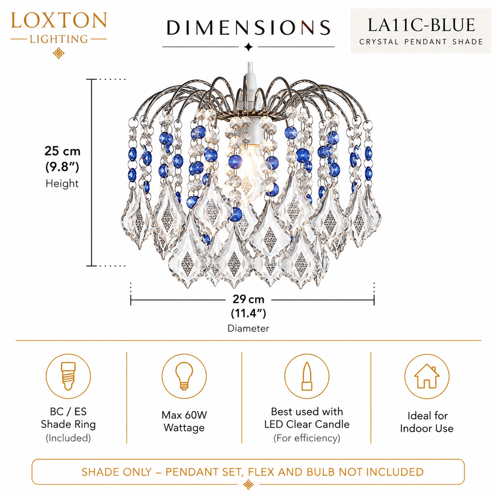 Crystal Effect Pendant Shade Blue 29cm Polished Chrome Finish, Acrylic Droplets, Dual Shade Ring, 25cm Height, Easyfit Design