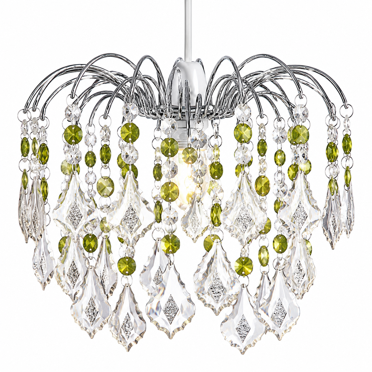 Crystal Acrylic Drop Easy Fit Ceiling Lampshade Clear & Green Droplets, Chrome Frame, 29cm Diameter, 25cm Height, BC/ES Shade Ring