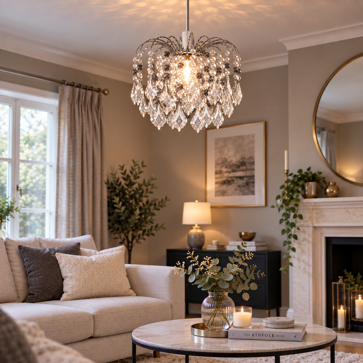 Crystal Acrylic Drop Easy Fit Ceiling Lampshade Clear & Grey Droplets, Chrome Frame, 29cm Diameter, 25cm Height, BC/ES Shade Ring