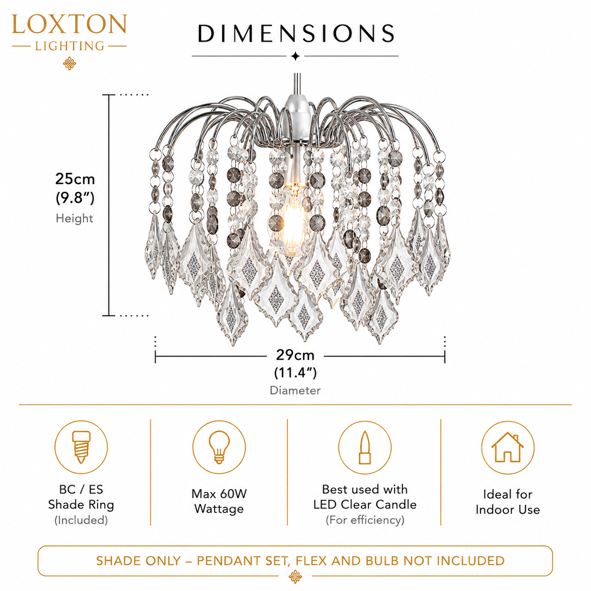 Crystal Acrylic Drop Easy Fit Ceiling Lampshade Clear & Grey Droplets, Chrome Frame, 29cm Diameter, 25cm Height, BC/ES Shade Ring