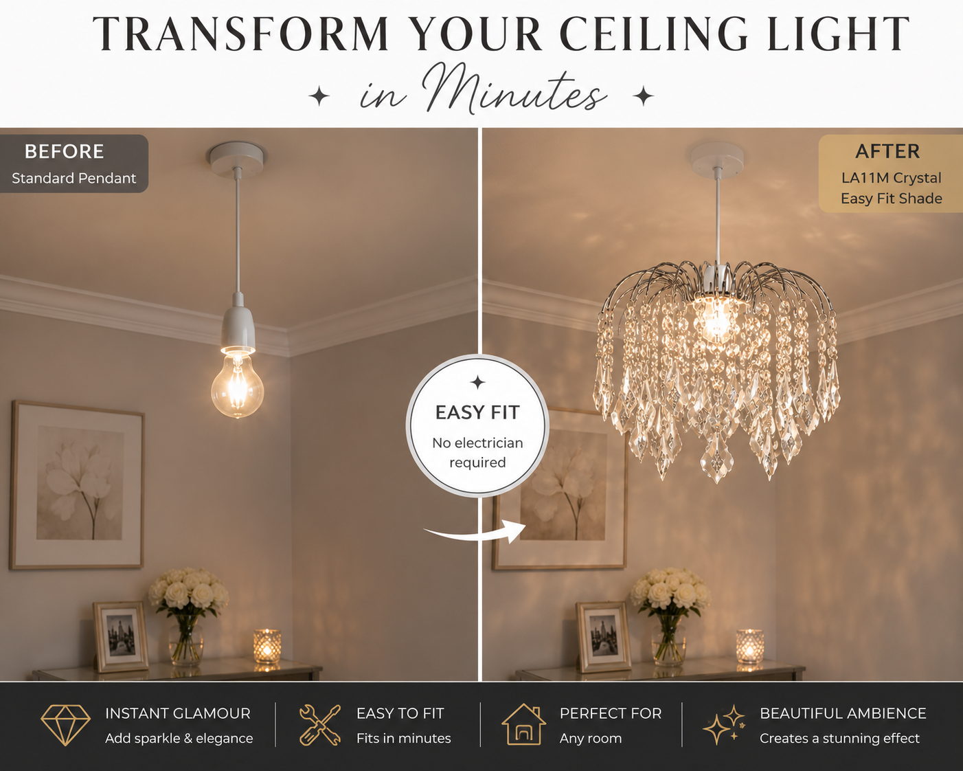 Easy Fit Chrome Crystal Effect Fountain Pendant Lampshade for Ceiling Light - 29cm Diameter