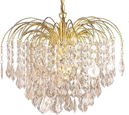 6-Tier Crystal Effect Fountain 1 Light Chandelier Ceiling Pendant with Gold Finish Frame Great for Living Room Hallway or Bedroom