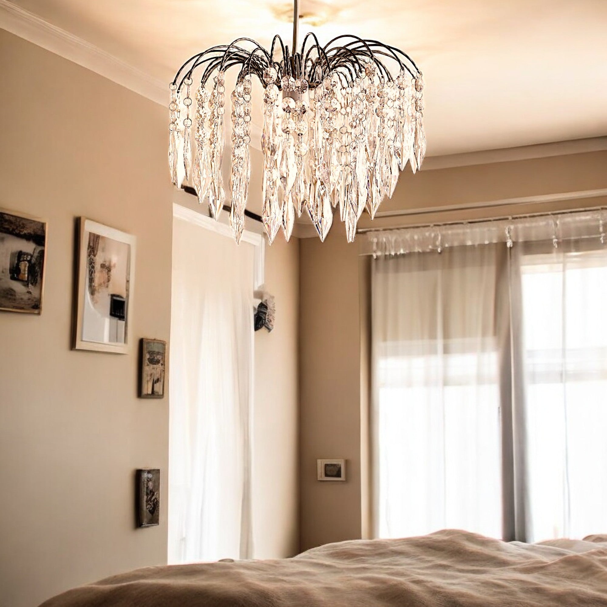 Easy Fit Chrome Crystal Effect Fountain Pendant Lampshade (4 Tier - 35cm Dia')