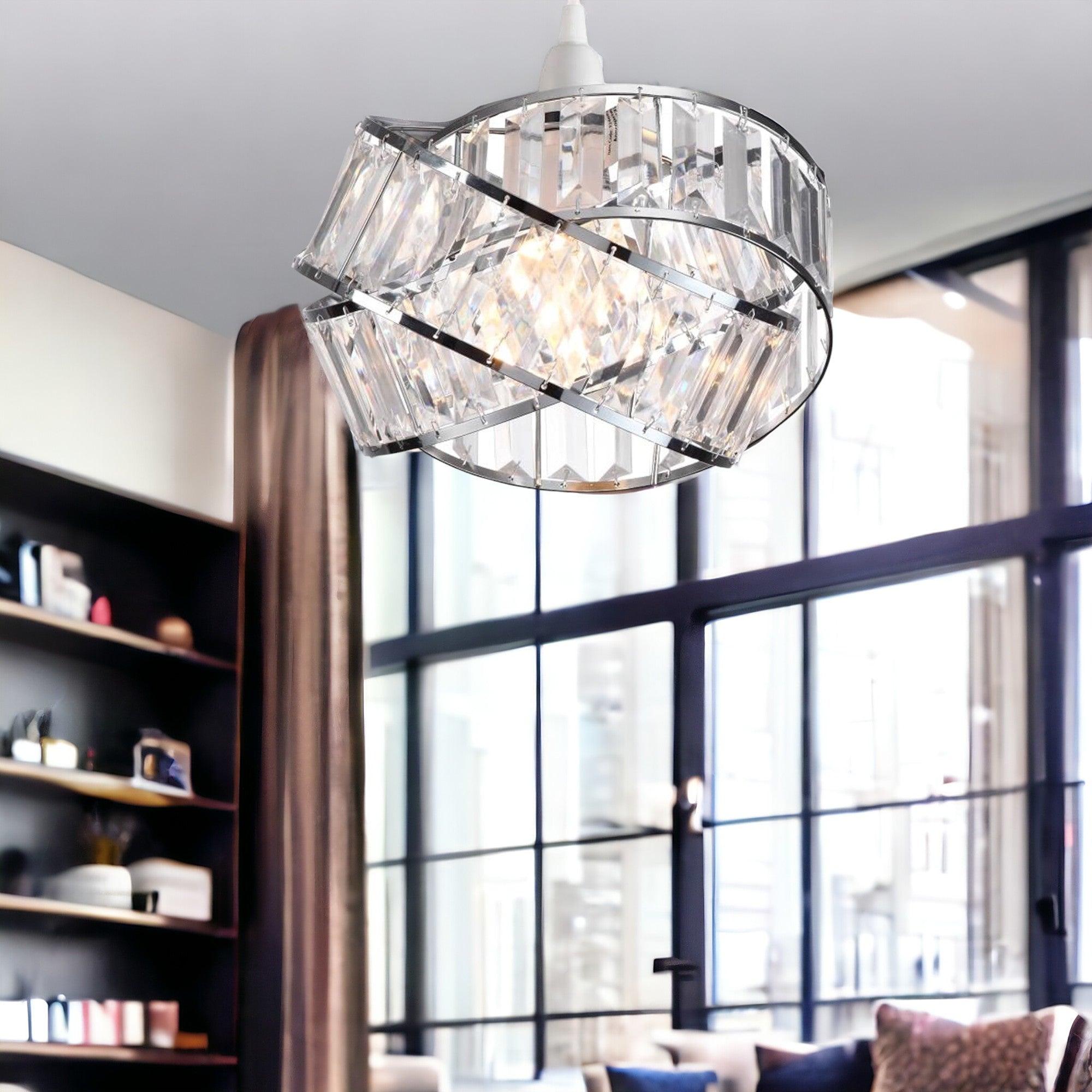 Modern EasyFit Polished Chrome & Clear Crystal Effect Jewel Intertwined Rings Design Ceiling Pendant Light Shade - Perfect for bedrooms, Living Rooms, hallways
