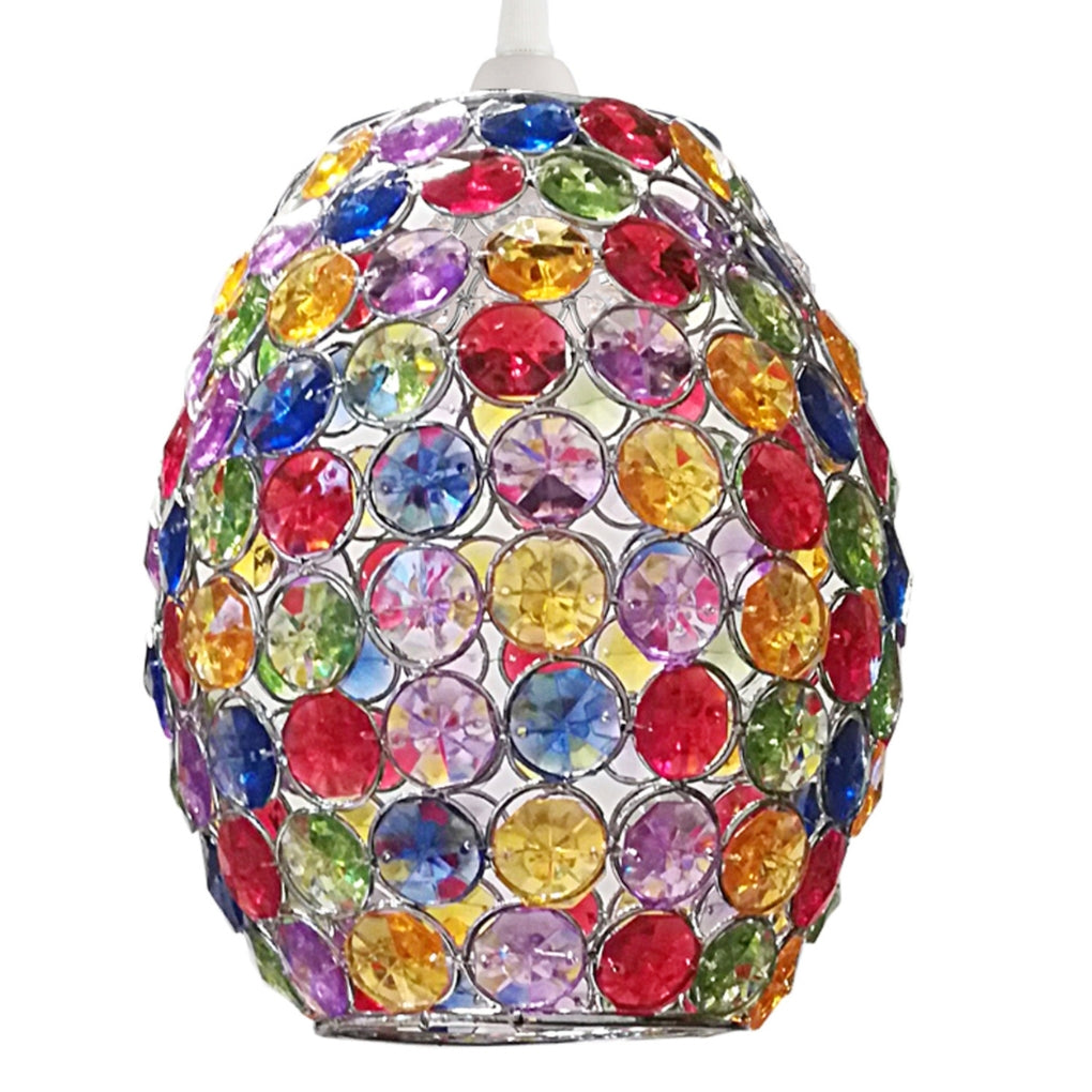 Oval Pendant Light Shade Multi-Colour Jewels with Silver Wire and Chrome Frame BC Shade Ring Ceiling Light for Bedrooms, Lounges, Halls, Kitchens