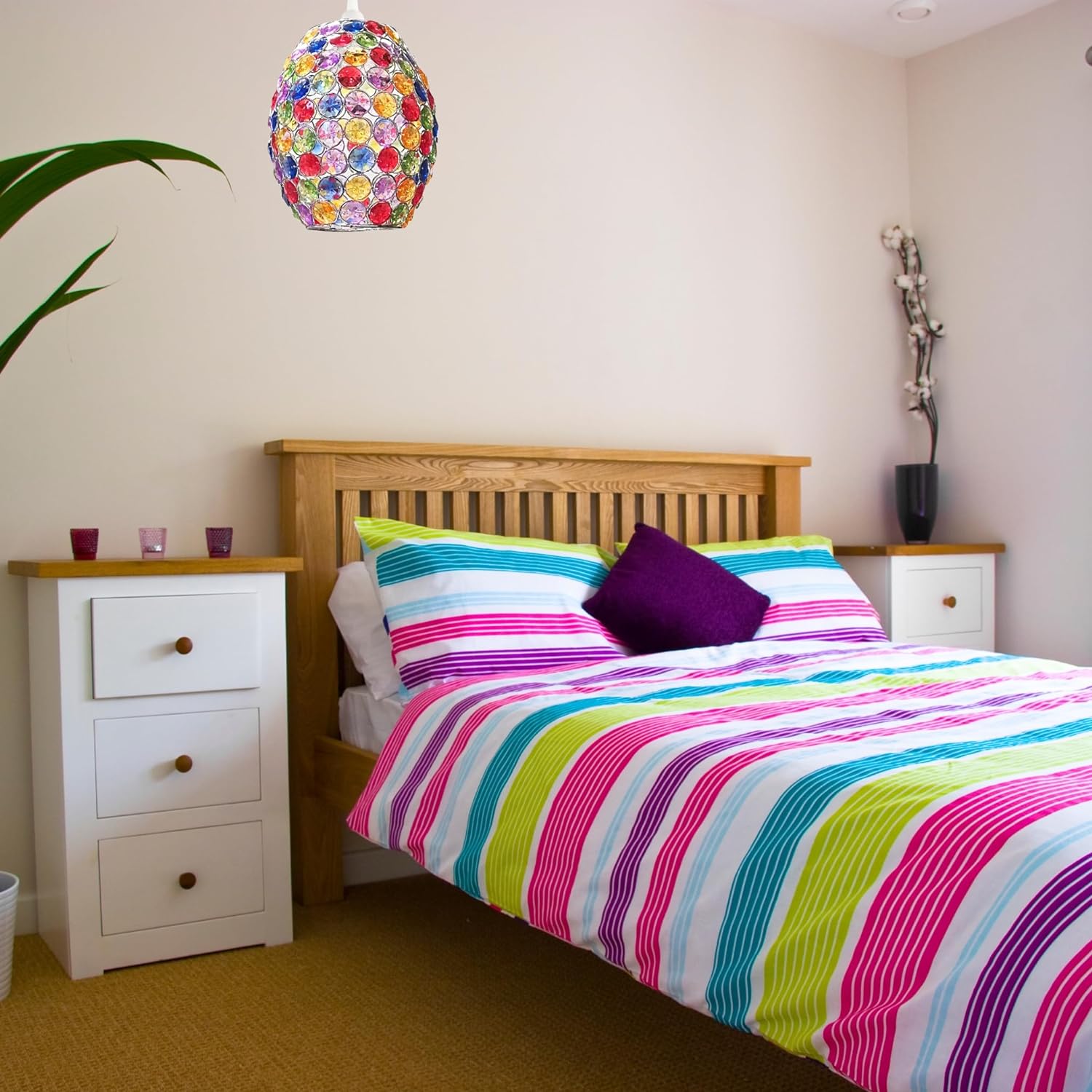 Oval Pendant Light Shade Multi-Colour Jewels with Silver Wire and Chrome Frame BC Shade Ring Ceiling Light for Bedrooms, Lounges, Halls, Kitchens