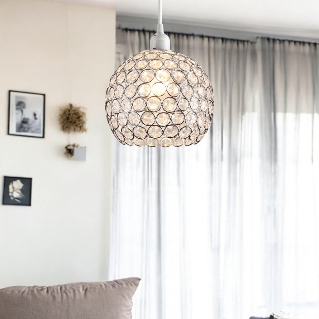 Globe Shaped Pendant Light Shade Clear Jewels with Silver Wire and Chrome Frame BC Shade Ring Ceiling Light for Bedrooms, Lounges, Halls, Kitchens