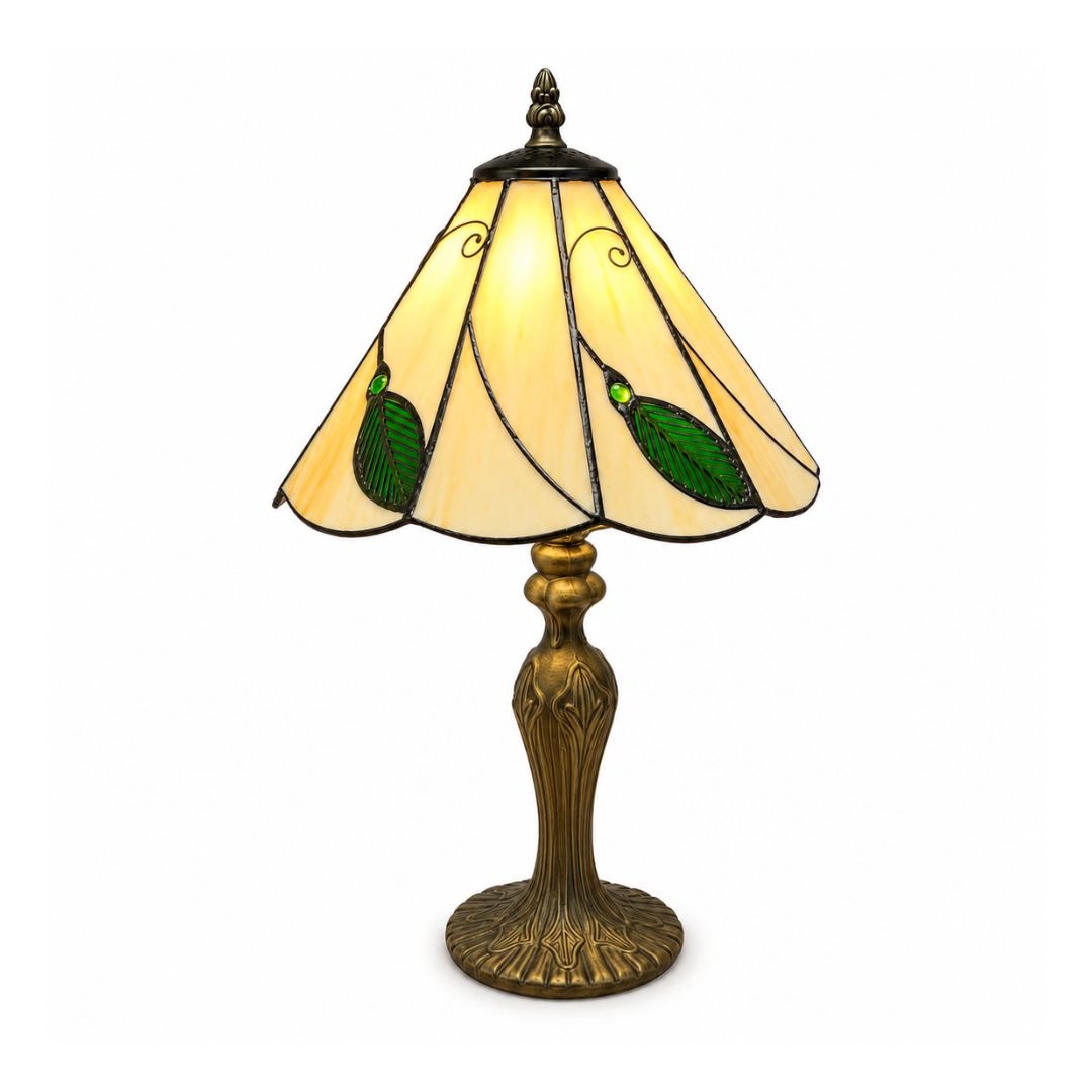 Loxton Lighting Leaf Tiffany Lamp 10inch (Beige - Green) | 41cm Height, Polyresin Base, Inline Switch, 1.5m Cable Included, British 3 Pin Plug [Energy Class A]