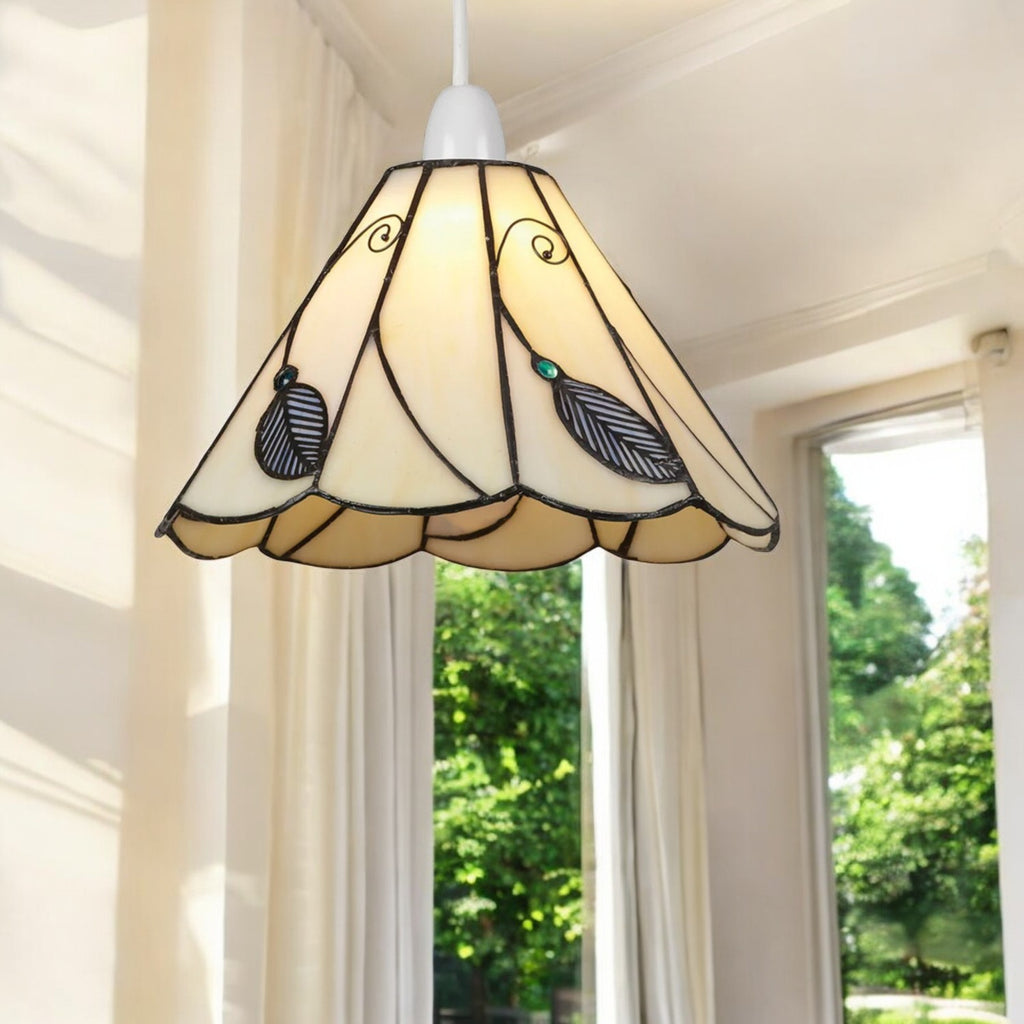 Tiffany Style Pendant Light Shade, 25 cm, Beige Leaf Design, Scalloped Glass (Blue)