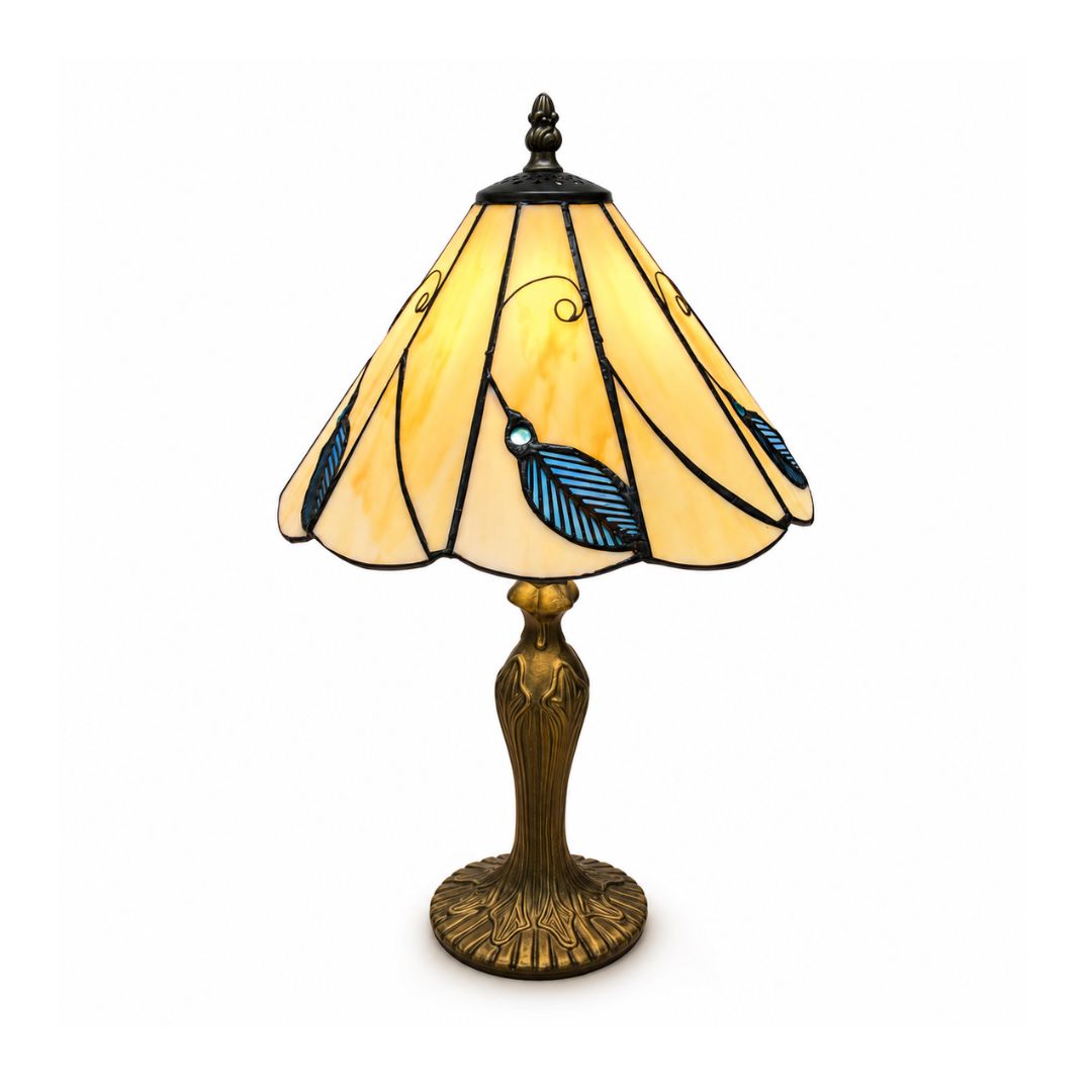 Loxton Lighting Leaf Blue Tiffany Lamp 10inch | 41cm Height, Polyresin Base, Inline Switch, 1.5m Cable Included, British 3 Pin Plug [Energy Class A]
