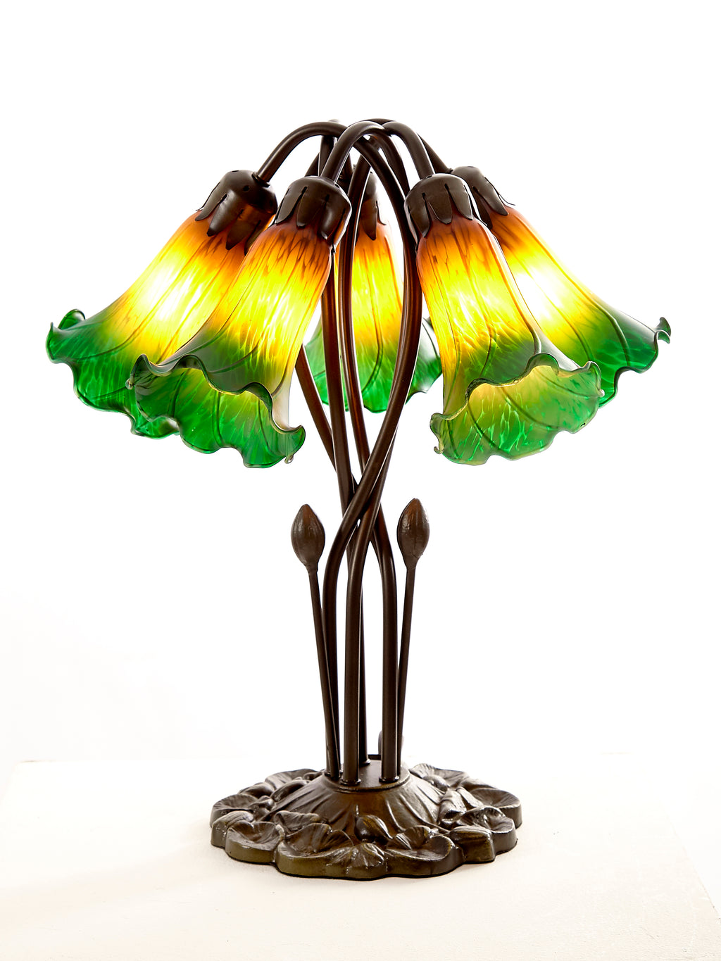 5 Light Pond Lily Table Lamp Complete with Glass Shades - Amber/Green