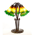 5 Light Pond Lily Table Lamp Complete with Glass Shades - Amber/Green