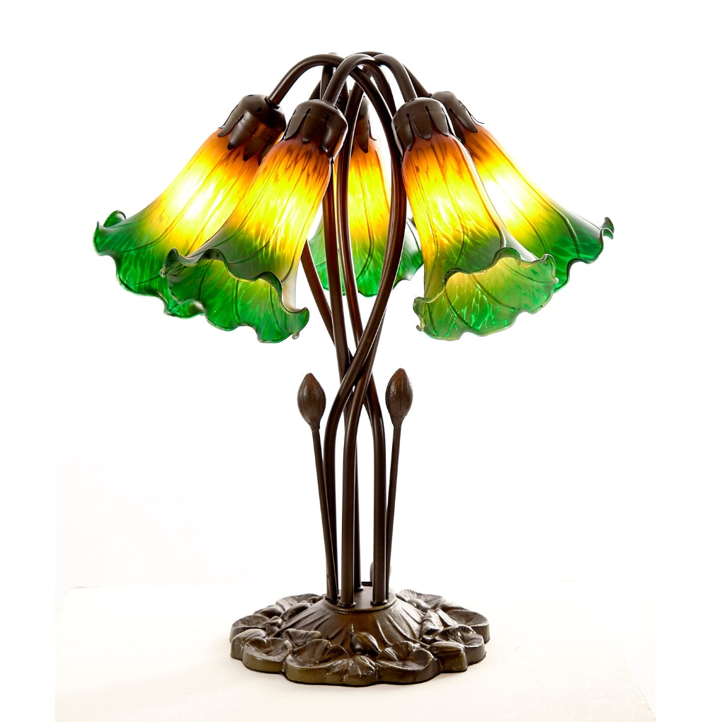 5 Light Pond Lily Table Lamp Complete with Glass Shades - Amber/Green
