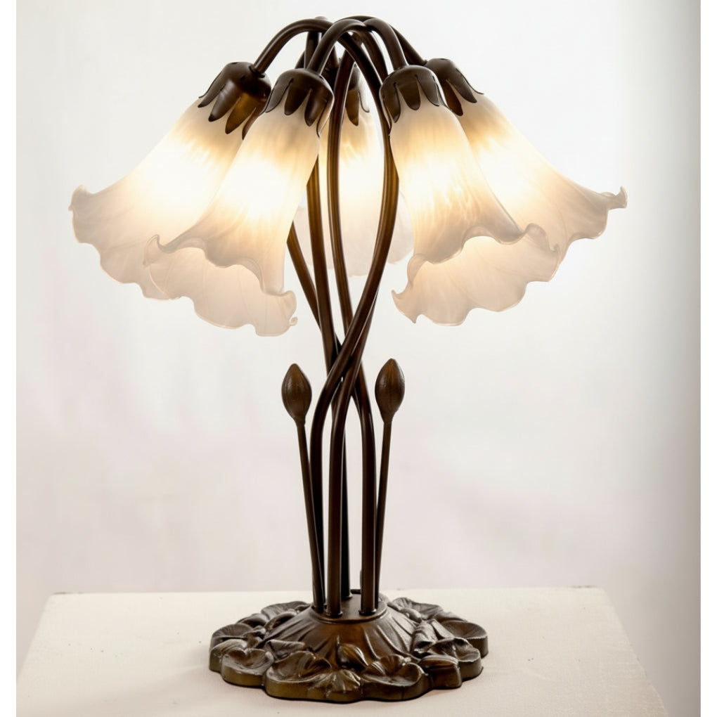 5 Light Pond Lily Table Lamp Complete with Glass Shades - White