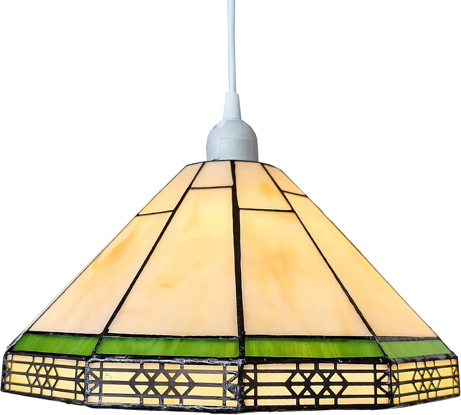 Mission Style Tiffany Shade, 30cm Diameter, Beige and Green Stained Glass, E27/B22 Compatible